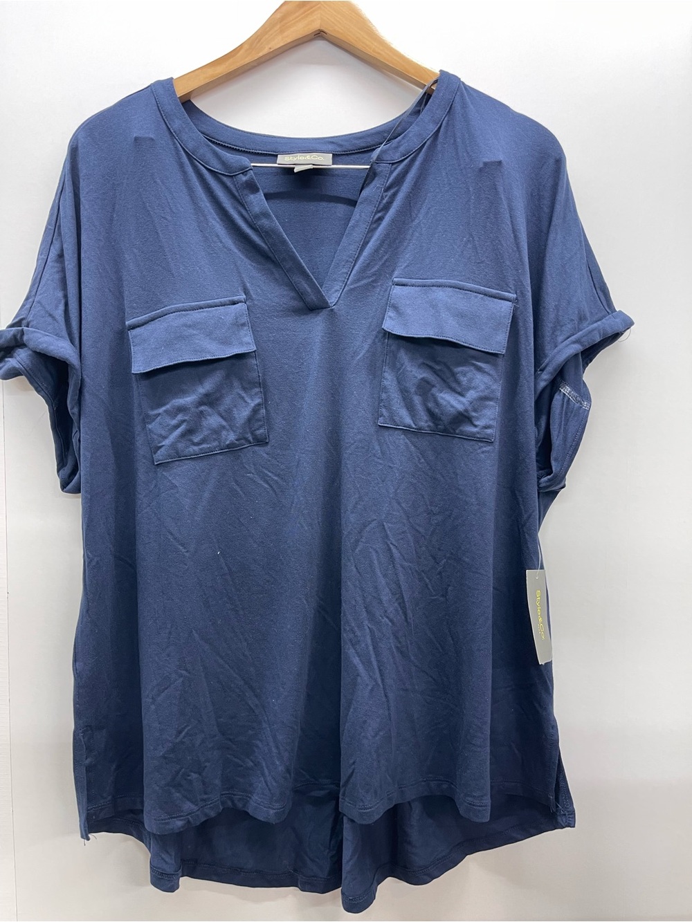Style & Co. Slate Blue V-Neck Short Sleeve Tunic with Chest Pockets
